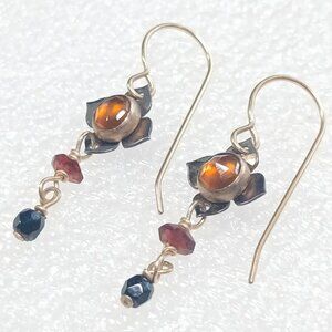 Amber Blue Glass Dangle Earrings Brass Setting 1” Drop Artisan Mixed Beads Boho